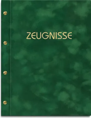 Produktbild von Zeugnismappe mit grüner Samtoberfläche, mit hochwertigem Prägedruck – handgefertigte Mappe für Zeugnisse inkl. 12 Sichthüllen
