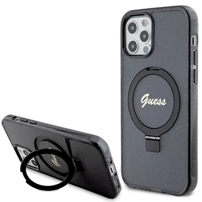 Immagine prodotto di Guess GUHMP12MHRSGSK Custodia rigida nera per iPhone 12/12 Pro 6,1" Ring Stand Script Glitter MagSafe Custodia protettiva
