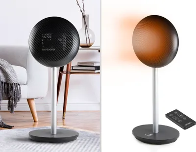 A split image showing a black spherical heater on a stand, with the left side showing it in a living room setting and the right side showing it with an orange glow and a remote control.