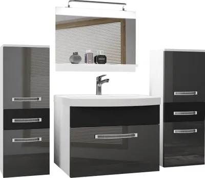 Produktbild von BELINI Badmöbel Vollausstattung Set Waschbeckenschrank, 2x kleiner Schrank, Waschbecken, Spiegel, Lampe (Silber/ Schwarz, Glänzend und Matt)