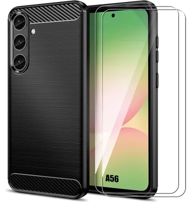 Image de Coque + 2 Verres Trempés pour Samsung Galaxy A56 5G, Fibre de Carbone Protection Antichoc Anti-Rayures Renforcé Noir
