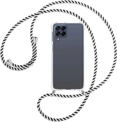 Produktbild von Handykette Backcover-Schutzhülle mit Band (Metall silberfarben) für Samsung Galaxy M53 5G - schwarz/weiß gestreift