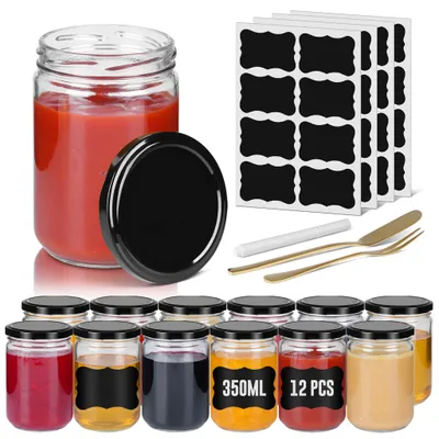 Produktbild von UISEBRT 12er Set Marmeladengläser mit schwarzem Deckel – 350ml Borosilikatglas, Luftdicht Verschließbar, mit Etiketten & Stift, Für Gewürze, Tees und mehr