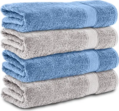 Produktbild von Komfortec 4er Duschtücher 70x140 cm Set aus 100% Baumwolle, 470g/m², Frottee, Weich, Silber/Hellblau