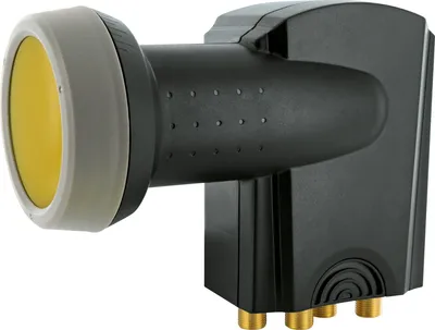 A close-up studio shot of a satellite LNB.