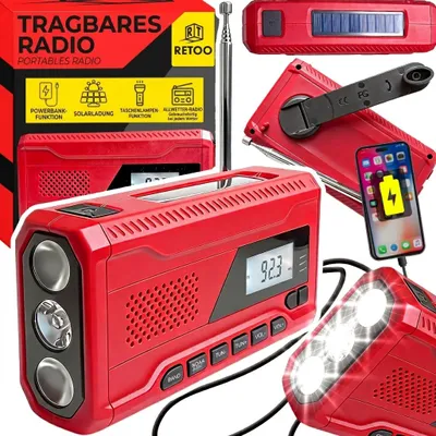Produktbild von Solar Radio Selbstbetriebenes Kurbelradio Notfallradio AM/FM/WB Wetter mit LED-Taschenlampe USB-C Powerbank Smartphone Handkurbel-Dynamo SOS LCD Retoo, KI-generiertes Bild