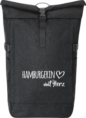 Produktbild von Huuraa Kurierrucksack Hamburgerin mit Herz 30-44 Liter Black Melange Fairtrade Rolltop Rucksack Geschenkidee