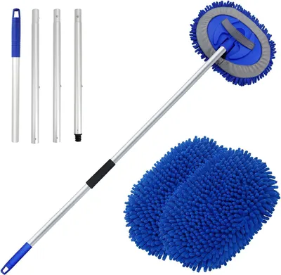Produktbild von Autowaschbürste, Teleskop Waschbürste, Auto Reinigungsbürste, bis 160cm ausziehbar, 180°Schwenkkopf, mit Mikrofaser Mop, für KFZ, Wohnmobil, LKW