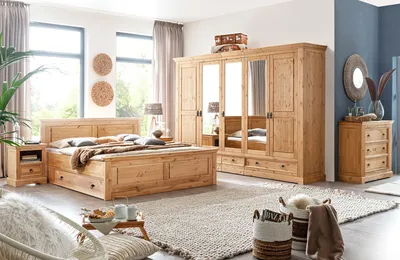 Schlafzimmer mit Kleiderschrank gross Doppelbett Kommode Nachttisch Bettkasten