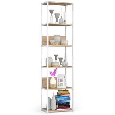 Image de Étagère en Métal LOFT 500 Blanche et Chêne Sonoma avec 6 Étagères pour Salon et Bureau
