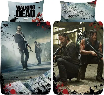 Collage of bedding set designs featuring characters from The Walking Dead.