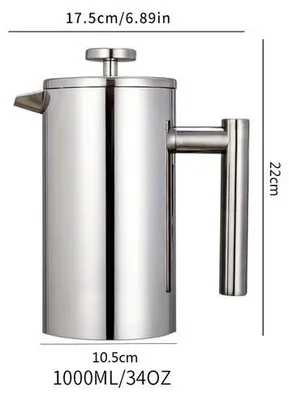 Image de Cafetière de voyage isotherme, en acier brut, pour une personne, grande capacité, argentée, 1 000 ml