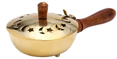 Wierookpan mit Holzgriff, Messing, gold, 18 cm Länge