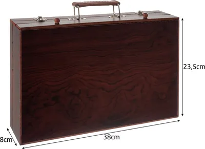 A closed wooden art case with dimensions indicated.