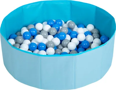 A light blue collapsible playpen filled with blue, gray, and white balls.