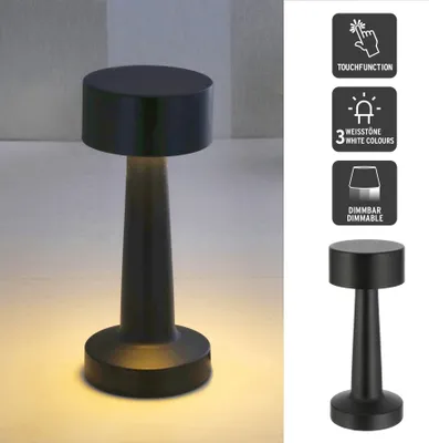 A black rechargeable table lamp with touch function and adjustable brightness, shown on a light gray and white background, with feature icons on the right.