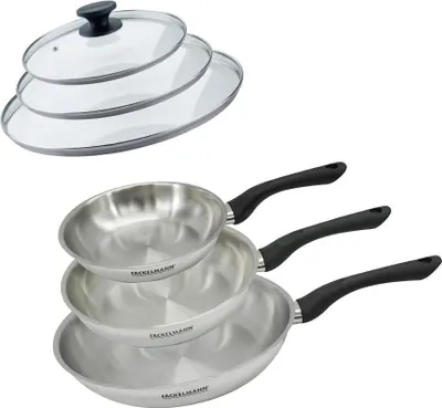 Image de Set 3 poêles 20 24 et 28 cm en inox et 3 couvercles verre Fackelmann Geneva