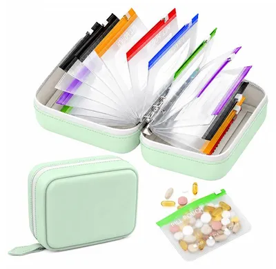 Produktbild von Tablettenbox Reise mit 14 farbcodierten Medikamentenbeuteln, wasserdichte Medikamentenbox mit Beschriftung, tragbarer Vitamin Organizer für Alltag und Reisen