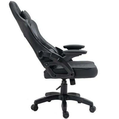 A side view of a black gaming chair on a white background.