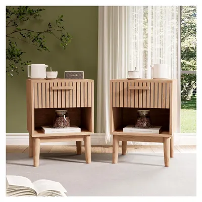 Produktbild von Nachtschrank 2er Set, Nachttisch im Boho-Stil mit offenen Ablagen und Schublade, Nachttisch aus Holz in Natur, Beistelltisch, Nachtkommode für Schlafzimmer und Wohnzimmer