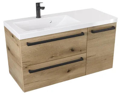 Produktbild von ATHD Wandhängender Waschtischunterschrank mit Waschbecken, 90 cm Tiefe, links - Evoke  Matt Eiche - Griffe in Mattschwarz