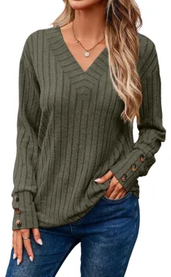 Produktbild von Damen Langarm Pullover Knopfleiste Vintage Grün M