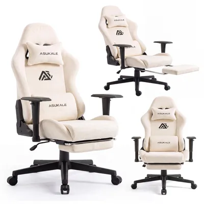 Produktbild von CRELIV -Ergonomischer Gamingstuhl aus Samt mit Massage-Lendenstütze, Fußstütze, 4D-Armlehnen, höhenverstellbar, bis 200 kg, Beige