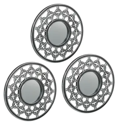 Produktbild von Relaxdays Spiegel 3er Set, runde Zierspiegel, Ø 25cm, Wohnzimmer, Schlafzimmer, Flur, Dekospiegel Ornamente, silber-grau