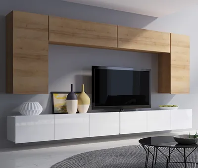 Produktbild von Moderne Wohnwand CALABRINI-13 Wohnzimmer-Set Hängewohnwand Schrankwand Hochglanz TV-Schrank Anbauwand (Goldene Eiche / Weiß)