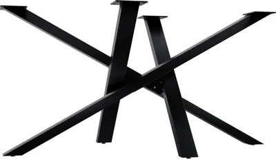 A black metal table base with a geometric, criss-cross design, set against a white background.