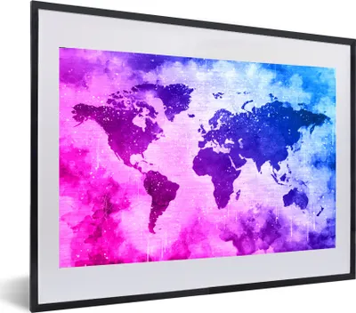 Produktbild von MuchoWow® MuchoWow® Gerahmtes Poster Weltkarte - Rosa - Lila 60x40 cm - Poster mit zchwarzem Bilderrahmen - Schlafzimmer - Plakat in Rahmen - Drucken