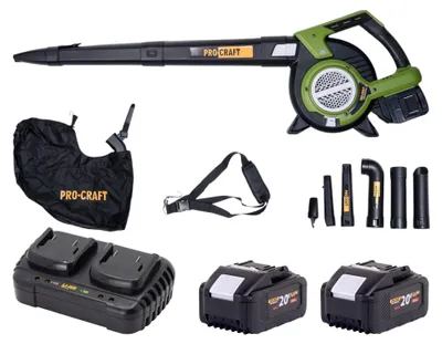 Produktbild von Procraft VB20 Akku Laubbläser und Laubsauger 40 V ( 2x 20 V ) Brushless + 2x Akku 8,0 Ah + Doppelladegerät
