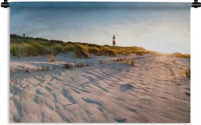 Produktbild von MuchoWow® Wandteppich Wandbehang Strand - Leuchtturm - Sonnenuntergang 90x60 cm Tapisserie Dekoration Wandtuch - Wandskulpturen - Bildteppich