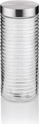 A clear, studio shot of a glass storage jar with a stainless steel lid, presented on a white background.