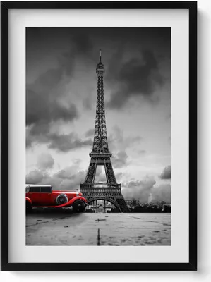 Produktbild von Eiffelturm und rotes Auto– Wandbild mit Rahmen – Gerahmtes Bild  – Wanddekoration – 50x70 cm –  Schwarz Rahmen