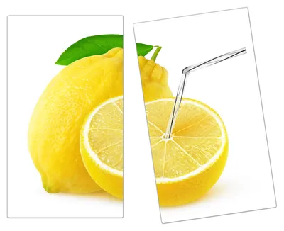 Produktbild von Spritzschutz Herdabdeckplatte Schneidebrett aus Glas Zitrone mit Strohalm 2-Teilig (60x52cm)