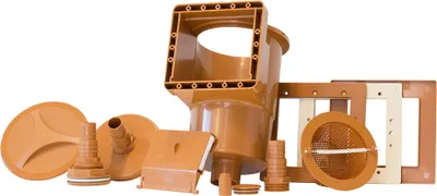 A collection of pool skimmer parts and an inlet nozzle, all in brown plastic, arranged on a white background.