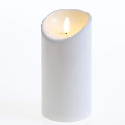 A white LED candle with a flickering flame is shown against a white background.