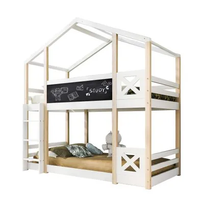 Produktbild von Etagenbett, 90x200 cm, Kinderbett mit 2 Schlafgelegenheiten, Lattenrost und Leiter, Hausbett aus Kiefer, Hochbett inkl. Rausfallschutz