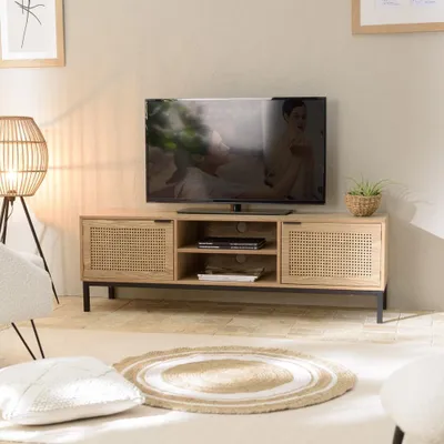 Image de MARCEAU - Meuble TV en bois 2 portes cannage naturel pieds métal noir