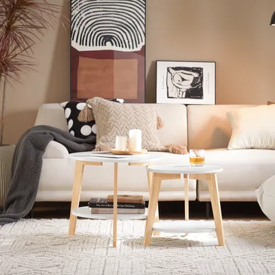Produktbild von SoBuy FBT75-W 2er Set Beistelltisch mit runden Ablagen Satztisch Couchtisch Sofatisch Kaffeetisch Wohnzimmertisch Kautschukholz Weiß/Natur
