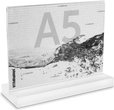 Produktbild von DIN A5 Quer Tischaufsteller mit Acrylblock (satiniert)