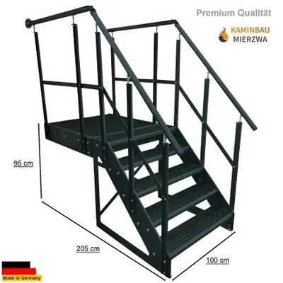 Produktbild von Podesttreppe Stahltreppe 5 Stufen Freistehend Höhe 95cm inklusive Podest 100x100cm mit Geländer Anthrazit Ausrichtung Treppe Vorne (Front) Außentreppe