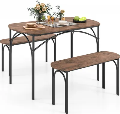 Produktbild von COSTWAY 3-teiliges Esstisch Set , Küchentisch mit 2 Bänken für 4 Personen, Sitzgruppe Industrie, Bartisch-Set Metallrahmen Vintagebraun