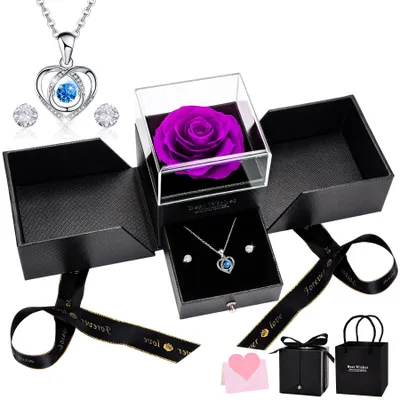Ewige Rose mit Herz-Halskette & Ohrringen in Geschenkbox