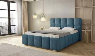 Produktbild von Polsterbett LUNA mit Kopfteil, 200 x 200 cm, Doppelbett mit Bettkasten und Lattenrost aus Metall, Boucle Stoff: Blau