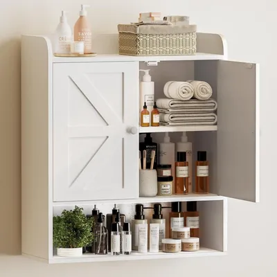Produktbild von Hängeschrank Badezimmerschrank mit 2 Türen und verstellbaren Ablagen 55 x 66 cm Weiß