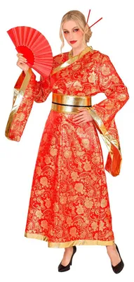 Produktbild von Kimono Kostüm Damen – Japan Kostüm-Kleid mit Gürtel Brokat-Look – XS-L – Damen – Halloween Fasching Karneval Cosplay Größe: S