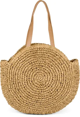 Produktbild von styleBREAKER runde Damen Basttasche mit langen Henkeln | Geflochtene Korbtasche als Strandtasche oder Shopper | Großes Hauptfach mit Reißverschluss