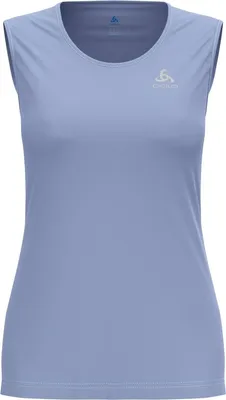 Hellblaues ärmelloses Damen-Top mit rundem Ausschnitt und Odlo-Logo auf der Brust